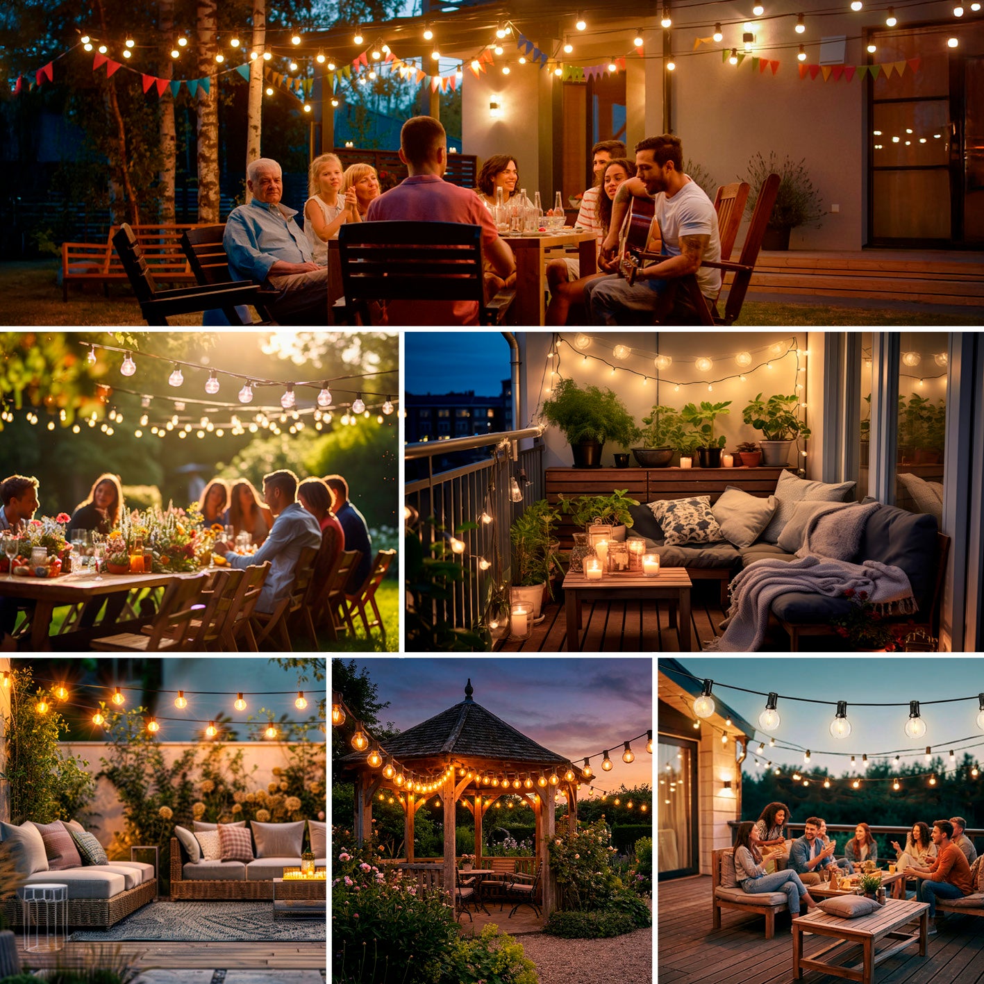 Outdoor-LED-Lichterkette - 15 m im Bild 8 zeigt stimmungsvolle Beleuchtung einer Gartenparty in quadratischem Format 1417x1417.