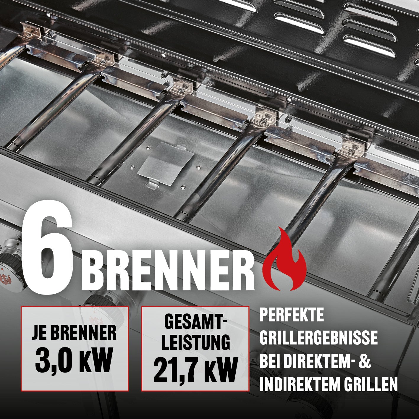 Gasgrill 6.1 Grillwagen mit 6 Brennern Edelstahl mit 6 Brennern für direkte und indirekte Grilltechnik, 21,7 kW Gesamtleistung.