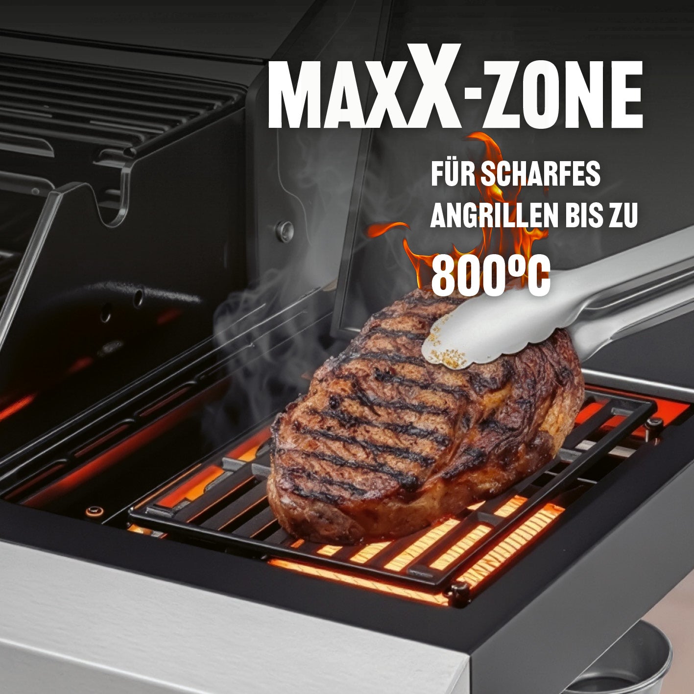 Gasgrill 6.1 Grillwagen mit 6 Brennern zeigt Steak auf MaxX-Zone mit starker Hitze und schneller Grillfunktion bis 800 Grad.