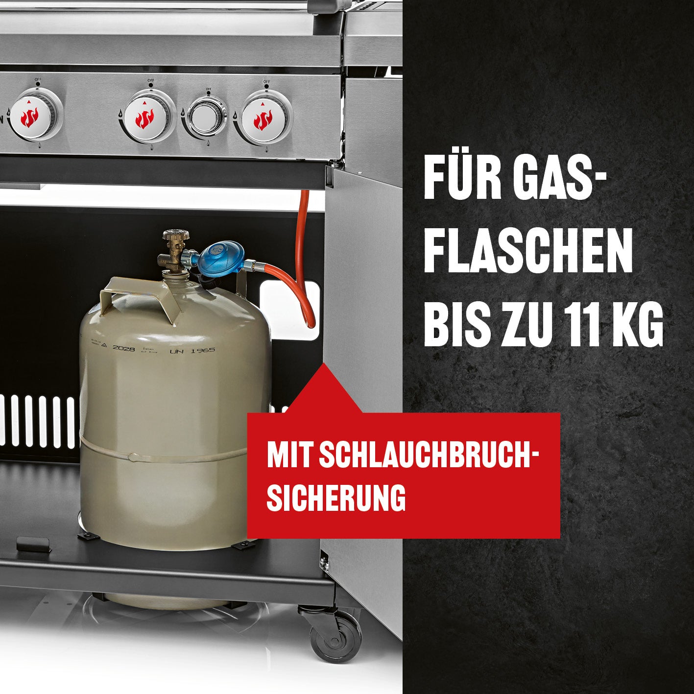 Gasgrill 6.1 Grillwagen mit 6 Brennern mit Platz für Gasflasche bis 11 kg und Schlauchbruchsicherung im Unterschrank.