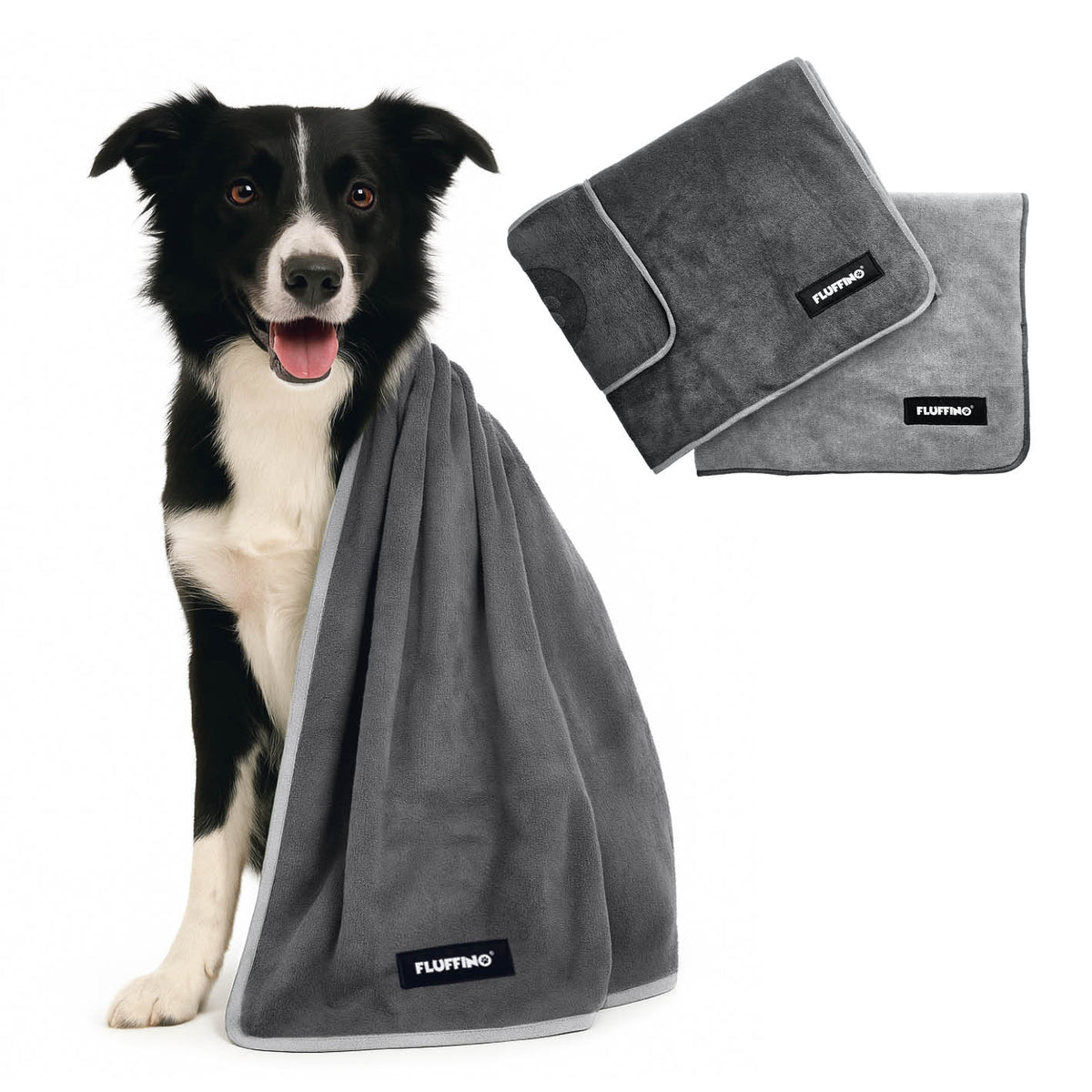 Hundehandtuch Mikrofaser – 2er-Pack - 120 x 70 cm - Grau mit Hund