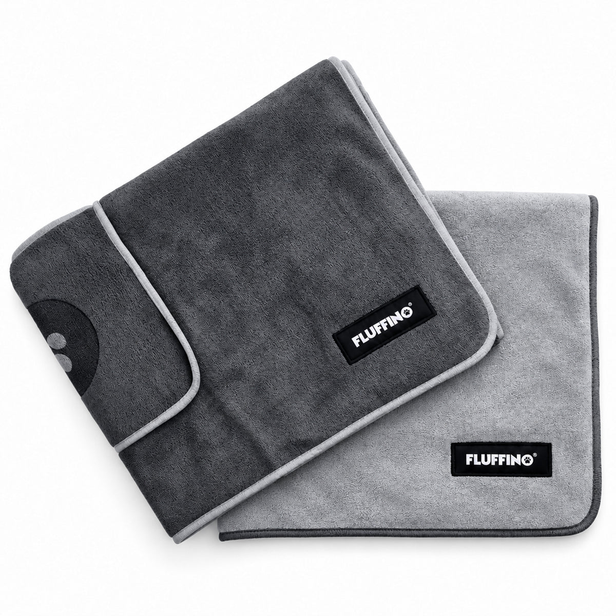 Hundehandtuch Mikrofaser – 2er-Pack - 120 x 70 cm - Grau, zwei graue Handtücher nebeneinander