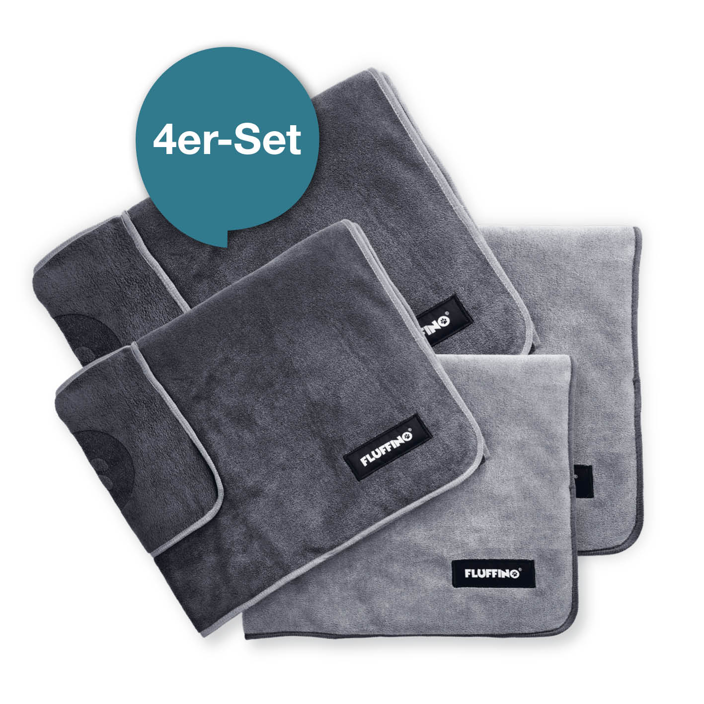 Hundehandtuch Mikrofaser – 4er-Pack (90 x 50 cm + 120 x 70 cm) – Dunkelgrau & Grau