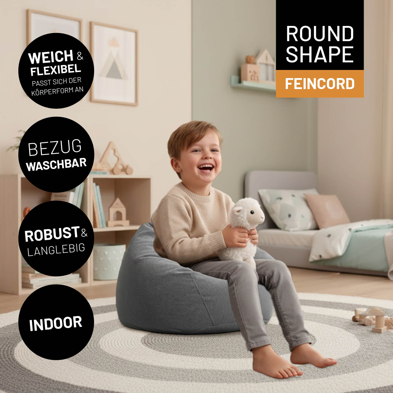 Comfort Line Sitzsack Feincord M - 120 L - Grau mit weichem, flexiblem Bezug, waschbar, robust, langlebig, ideal für drinnen.