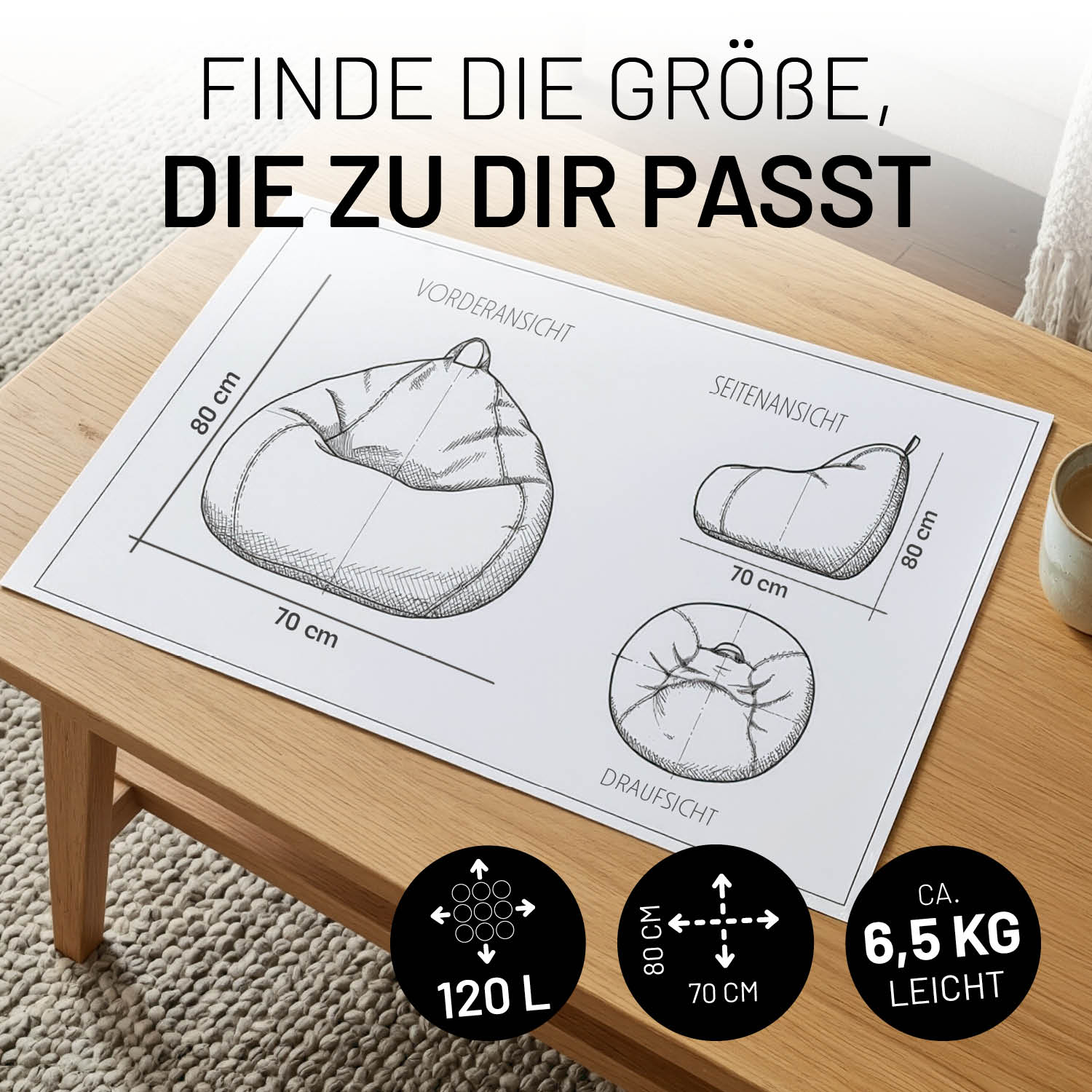 Comfort Line Sitzsack Feincord M - 120 L - Grau mit Abmessungen 80x70 cm, leicht und ergonomisch geformt dargestellt auf Tisch.