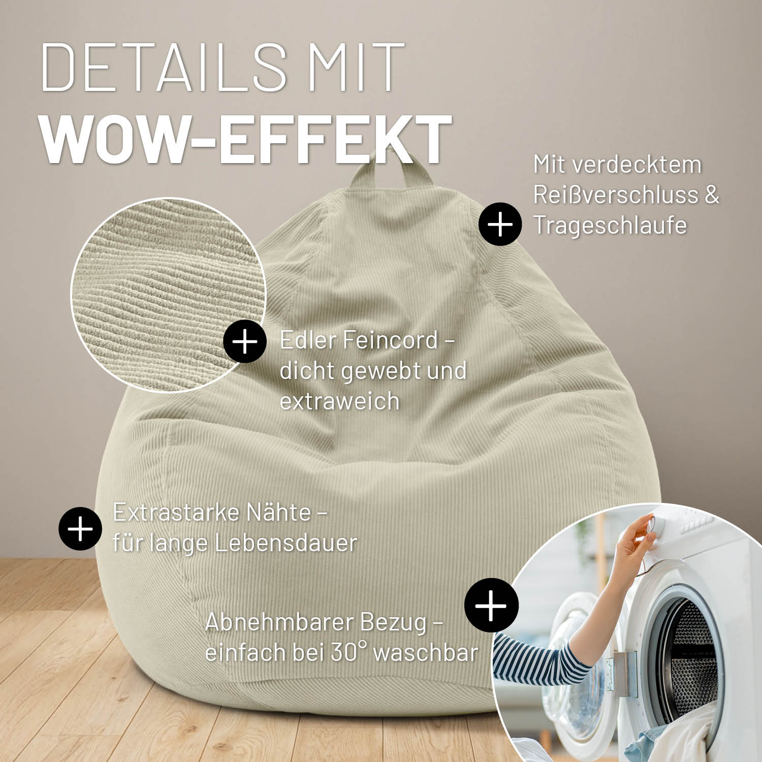 Comfort Line Sitzsack Feincord M - 120 L - Beige mit weichem Feincordstoff, extra starken Nähten und waschbarem abnehmbarem Bezug.