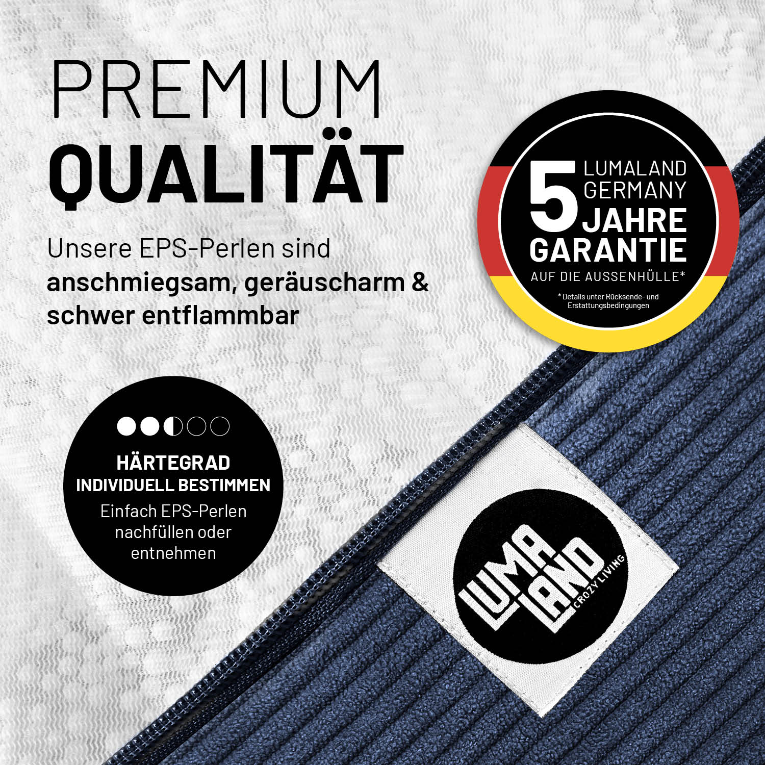 Detailaufnahme von Comfort Line Sitzsack Feincord M - 120 L - Dunkelblau mit LUMALAND Garantie und EPS-Perlen Eigenschaften.