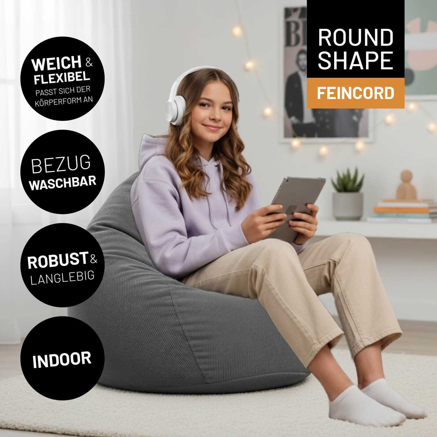 Comfort Line Sitzsack Feincord L - 185 L - Grau mit weichem, flexiblem Stoff, waschbarem Bezug, robust und für Indoor geeignet.
