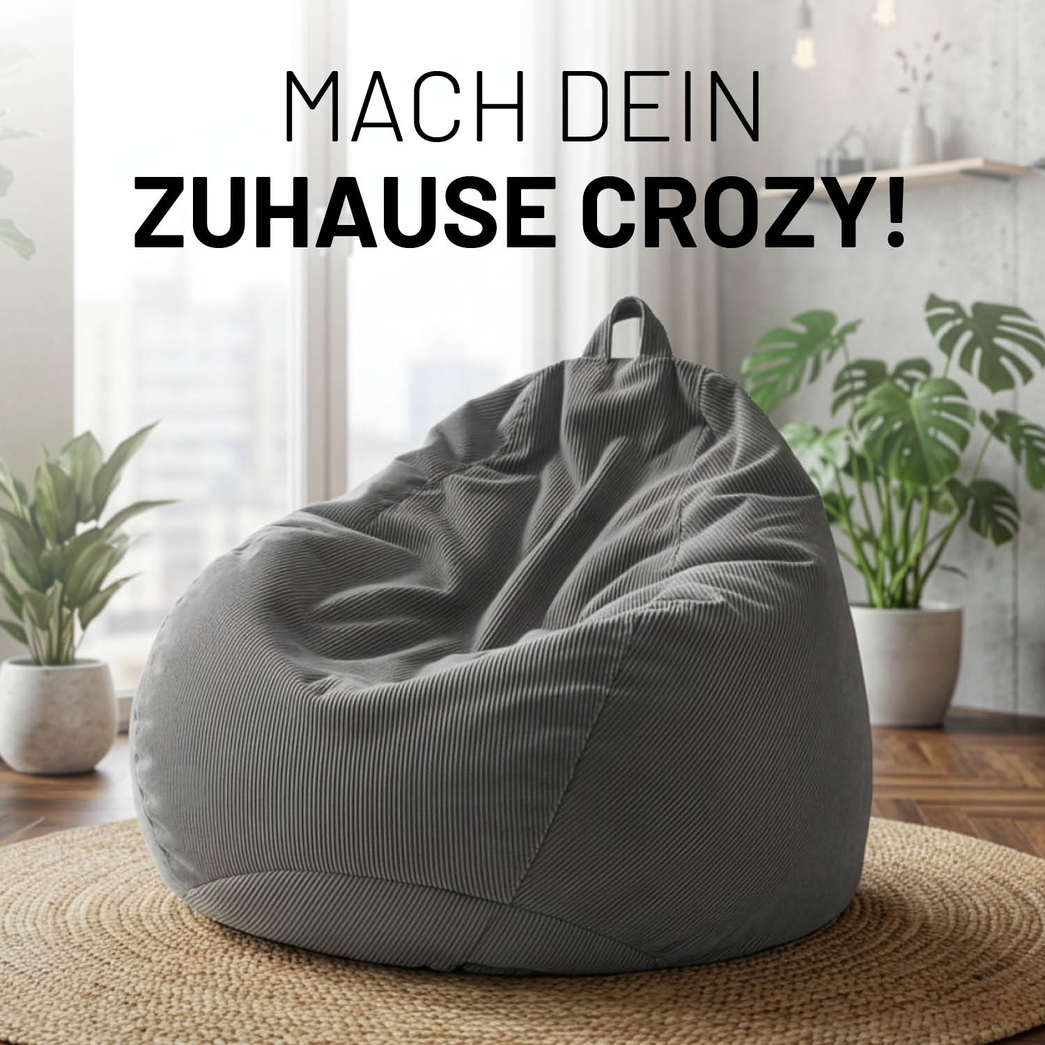 Comfort Line Sitzsack Feincord L - 185 L - Grau gemütlicher Sitzsack aus Feincordstoff in modernem Grau auf rundem Teppich.