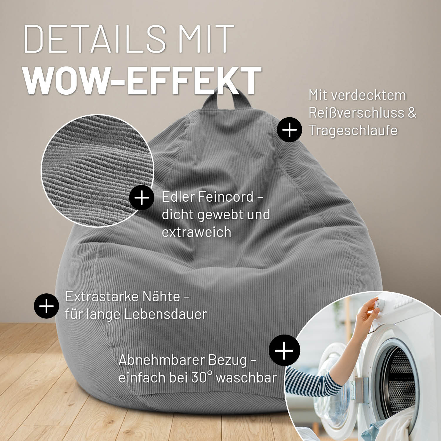 Comfort Line Sitzsack Feincord XL - 250 L - Grau mit extrastarken Nähten, abnehmbarem Bezug und verstecktem Reißverschluss.