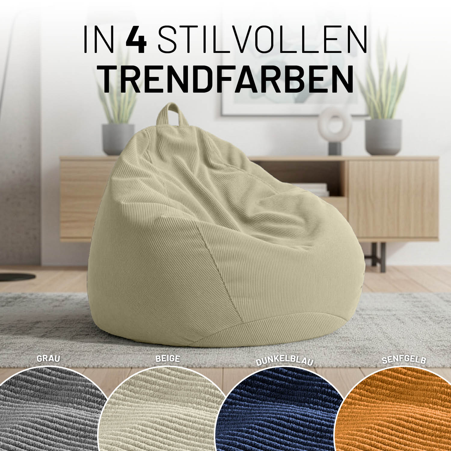 Comfort Line Sitzsack Feincord XL - 250 L - Beige in modernem Wohnzimmer in stilvoller Trendfarbe Beige.