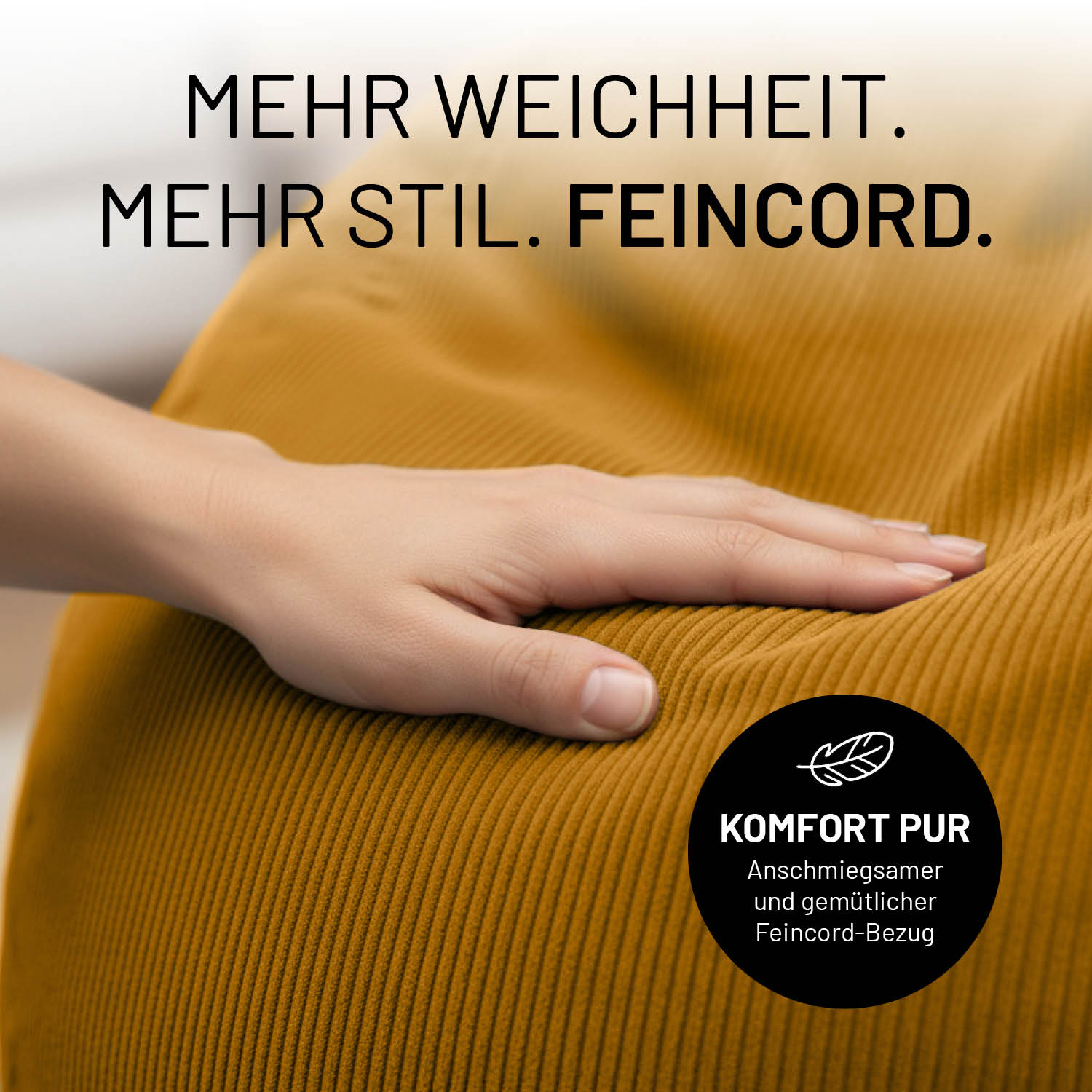 Hand berührt weichen Comfort Line Sitzsack Feincord XL - 250 L - Senfgelb mit gemütlichem Feincord-Bezug.