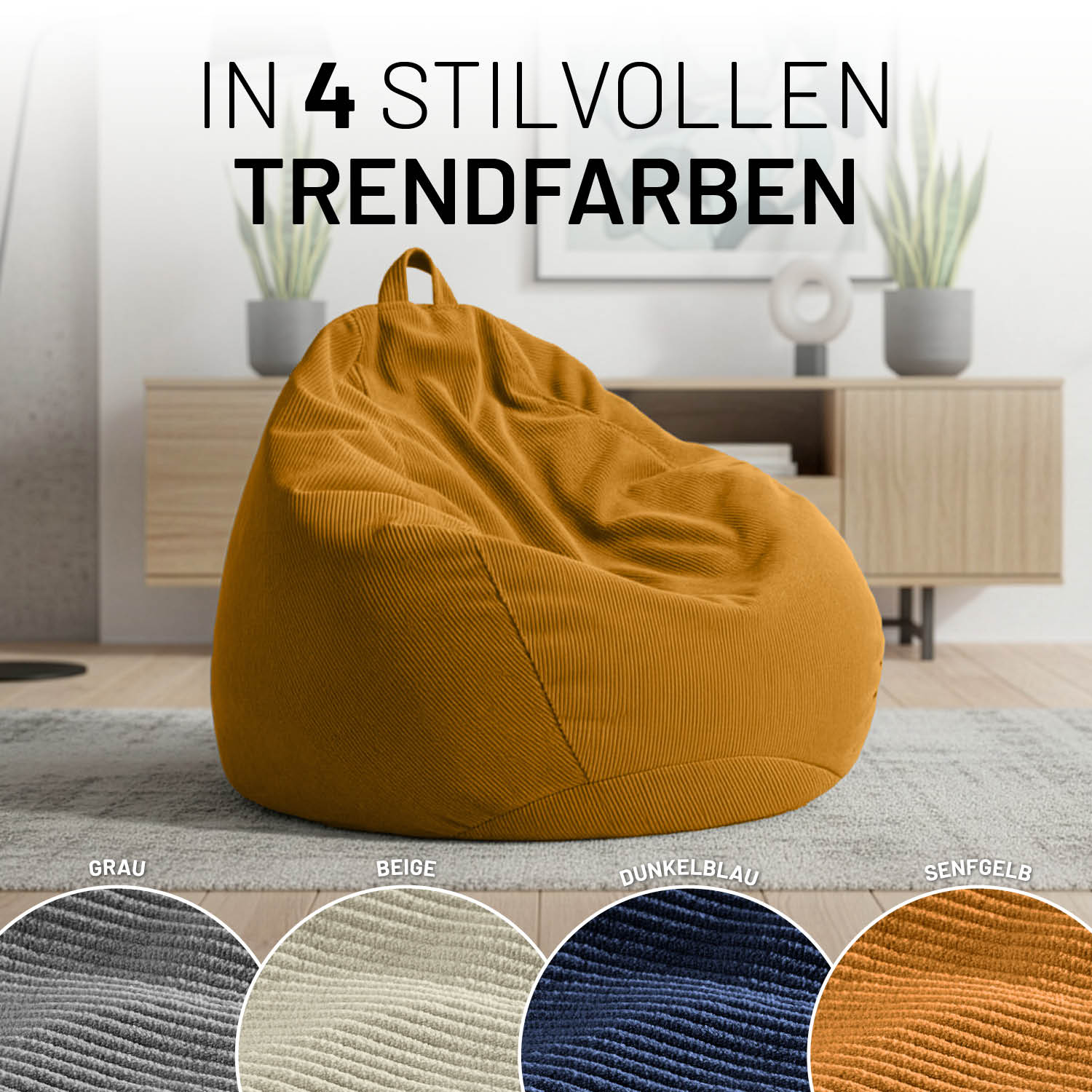 Comfort Line Sitzsack Feincord XL - 250 L - Senfgelb in stilvoller Trendfarbe im modernen Wohnambiente