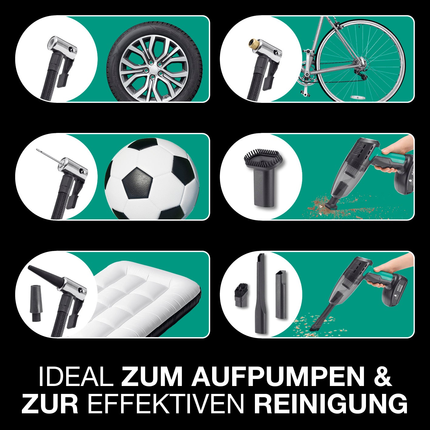 Akku-Handstaubsauger & Luftkompressor AirPower zeigt vielseitige Aufsätze zum Aufpumpen und Reinigen verschiedener Gegenstände.
