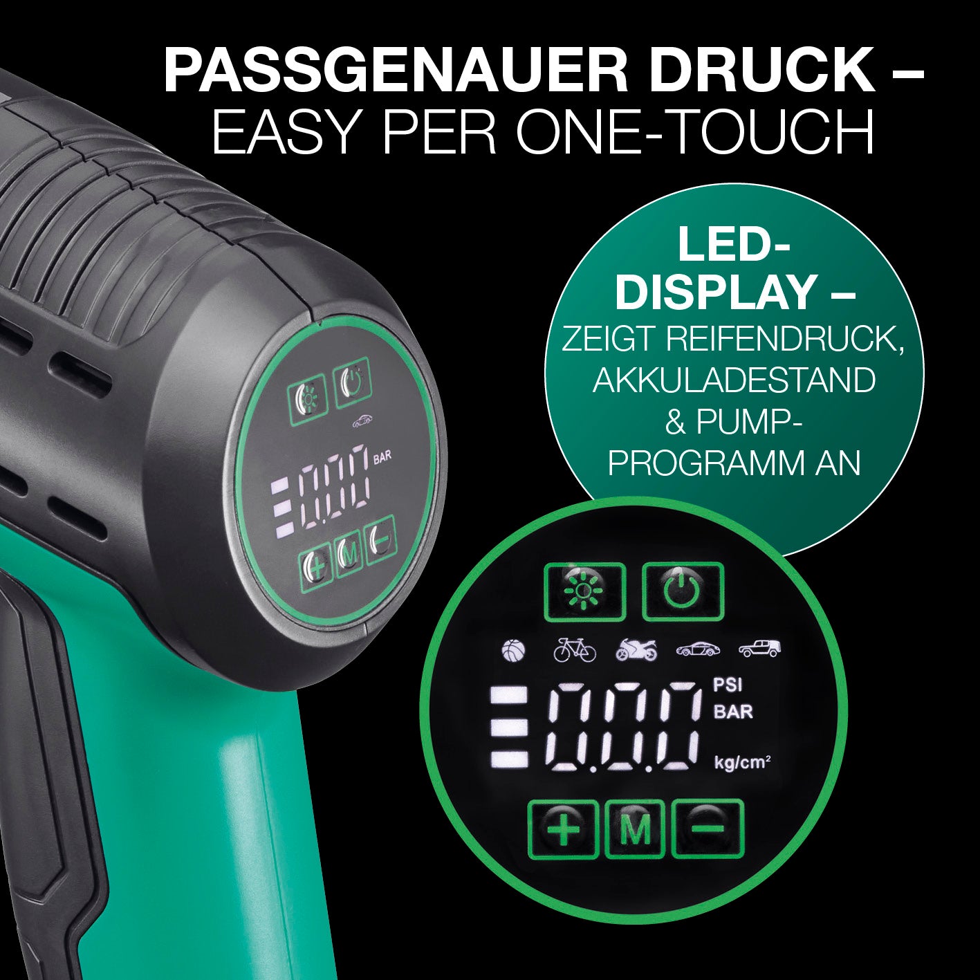 Akku-Handstaubsauger & Luftkompressor AirPower mit LED-Display zur Anzeige von Reifendruck, Akkustand und Pumpprogramm