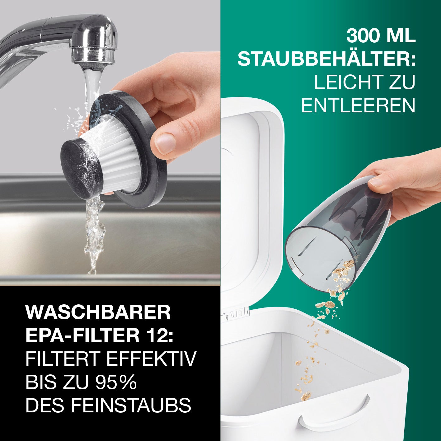 Akku-Handstaubsauger & Luftkompressor AirPower mit waschbarem EPA-Filter und leicht entleerbarem 300 ml Staubbehälter für einfache Reinigung