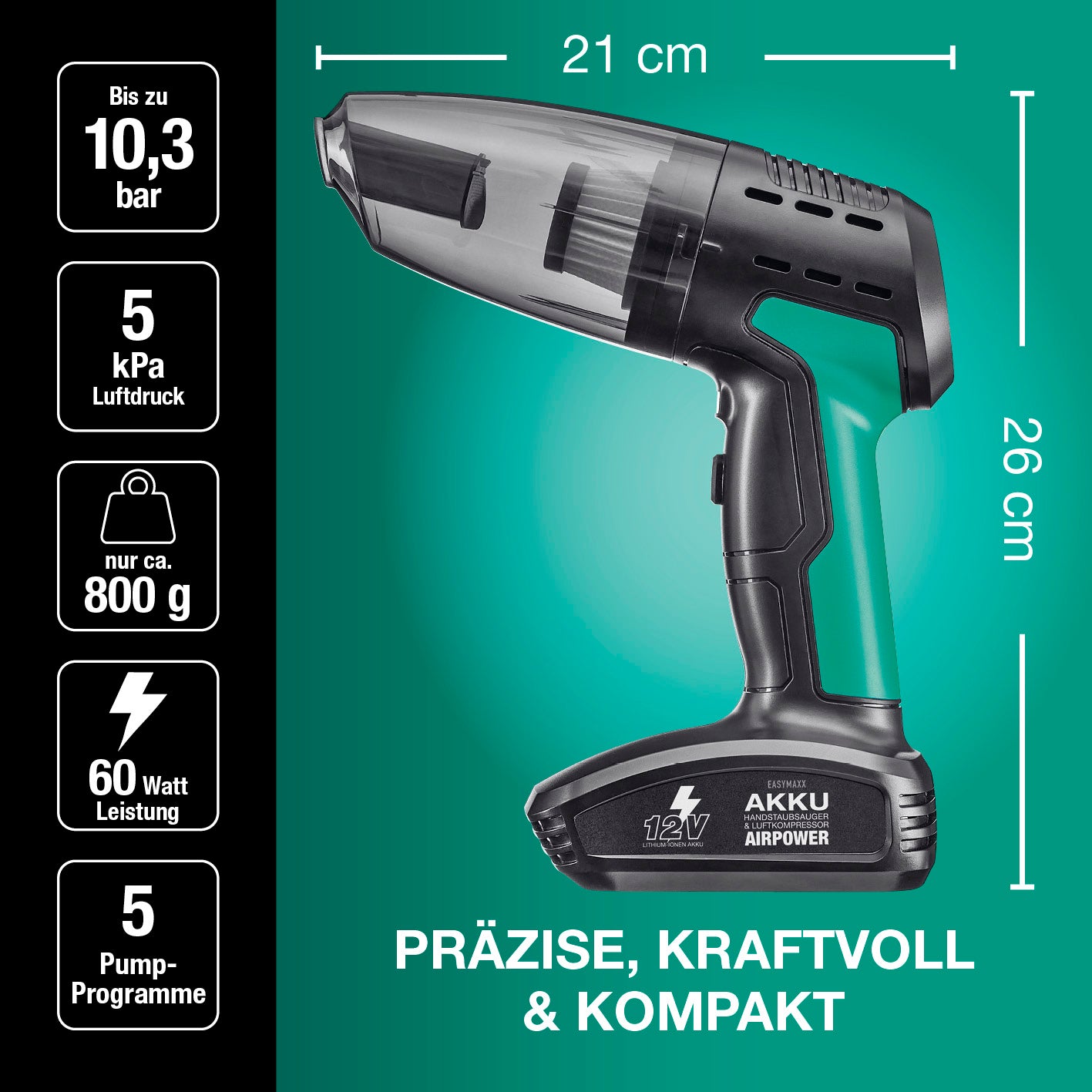 Akku-Handstaubsauger & Luftkompressor AirPower mit 10,3 bar, 5 Pumpprogrammen, 60 Watt Leistung und 800 g Gewicht, kompakt und präzise