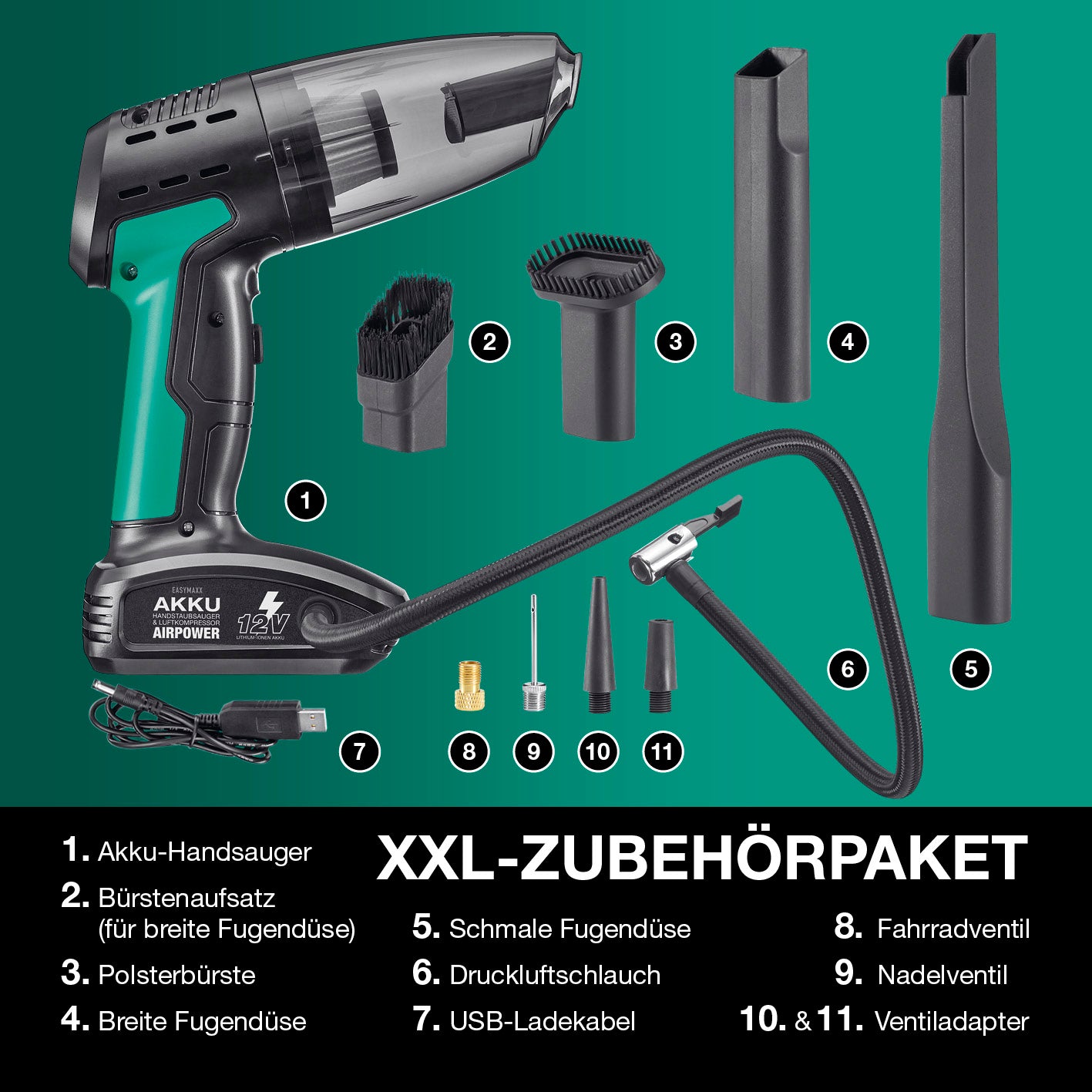 Akku-Handstaubsauger & Luftkompressor AirPower mit XXL-Zubehörpaket und vielseitigen Aufsätzen für Reinigung und Aufpumpen
