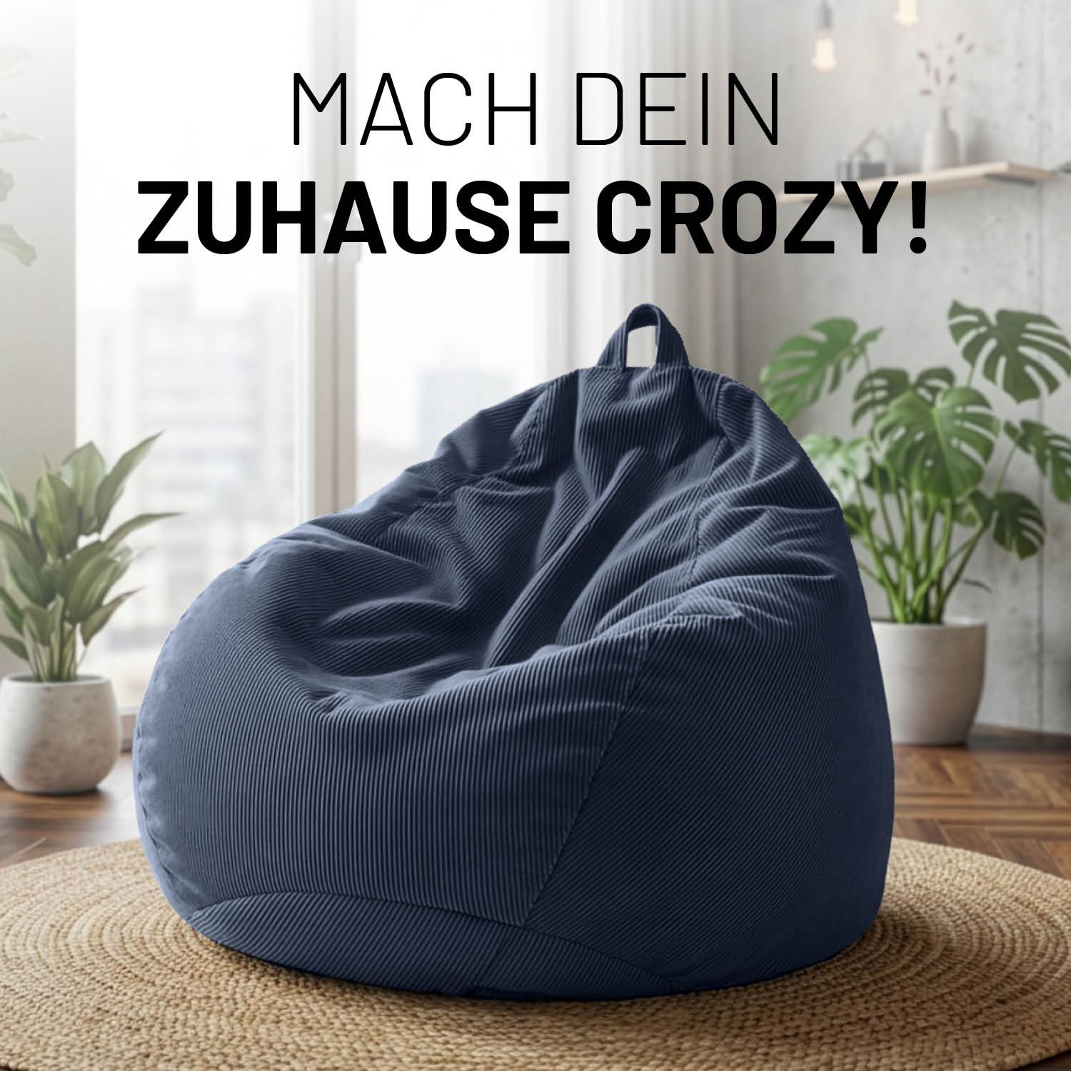 Comfort Line Sitzsack Feincord XXL - 315 L - Dunkelblau in modernem Wohnraum auf rundem Teppich platziert.