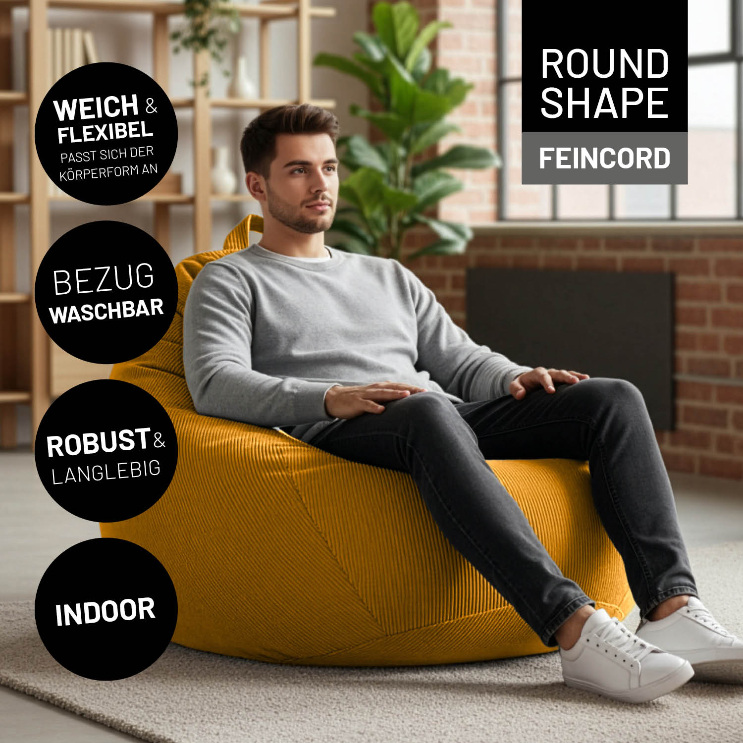 Mann entspannt auf dem Comfort Line Sitzsack Feincord XXL - 315 L - Senfgelb in modernem Wohnzimmer mit weichem Bezug.