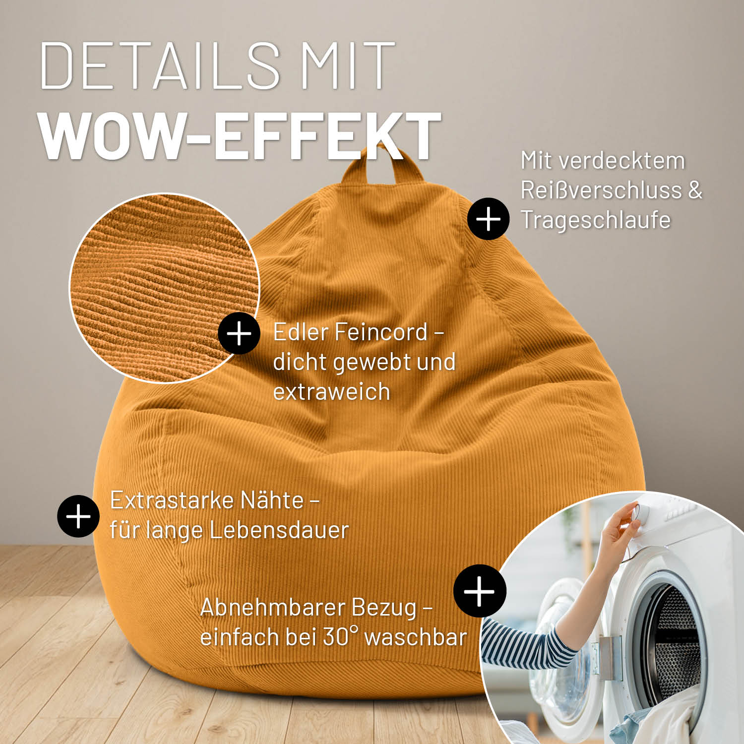 Comfort Line Sitzsack Feincord XXL - 315 L - Senfgelb aus extraweichem Feincord mit abnehmbarem, waschbarem Bezug und stabilen Nähten.