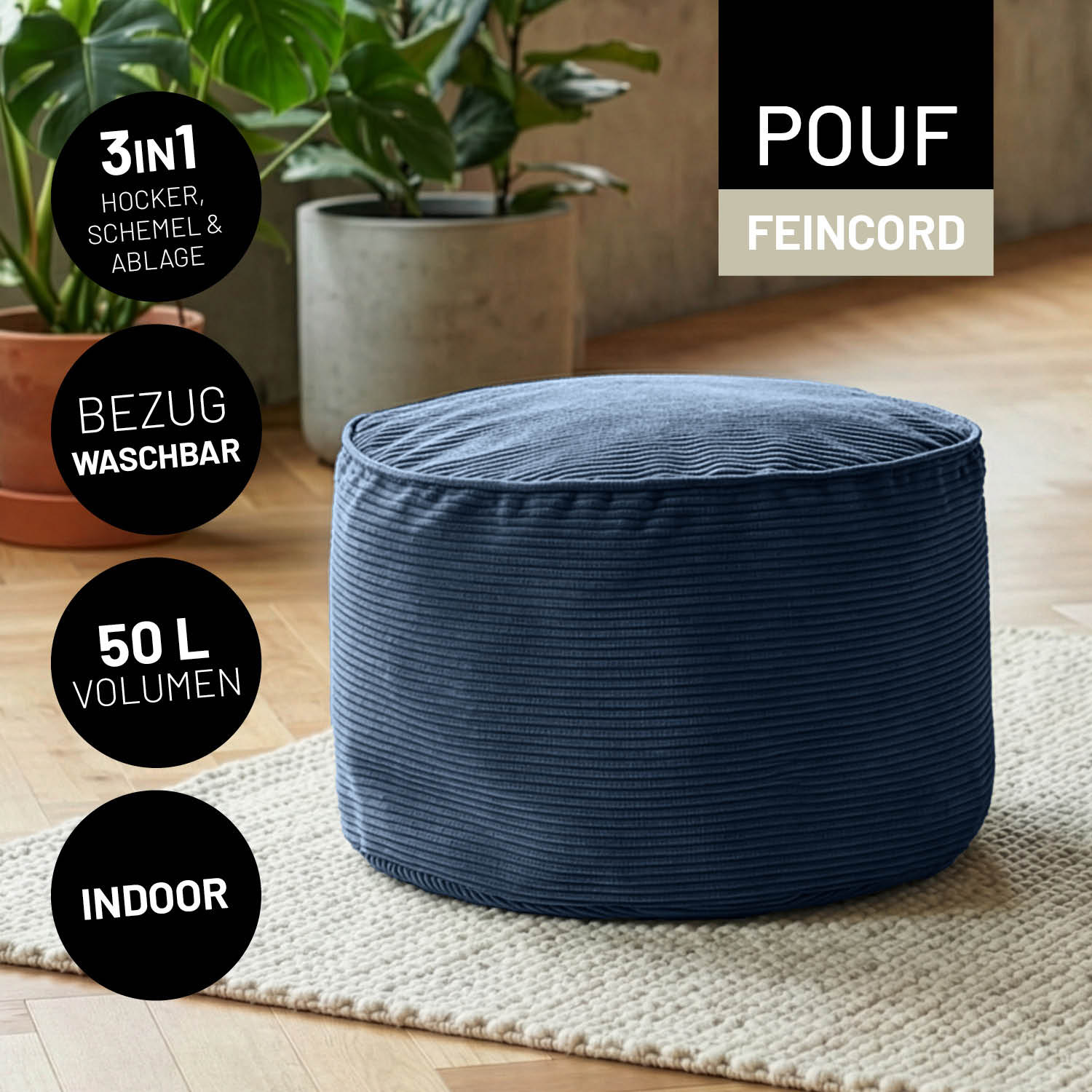 Comfort Line Pouf Feincord - 25 x 40 cm - 50 l - Dunkelblau