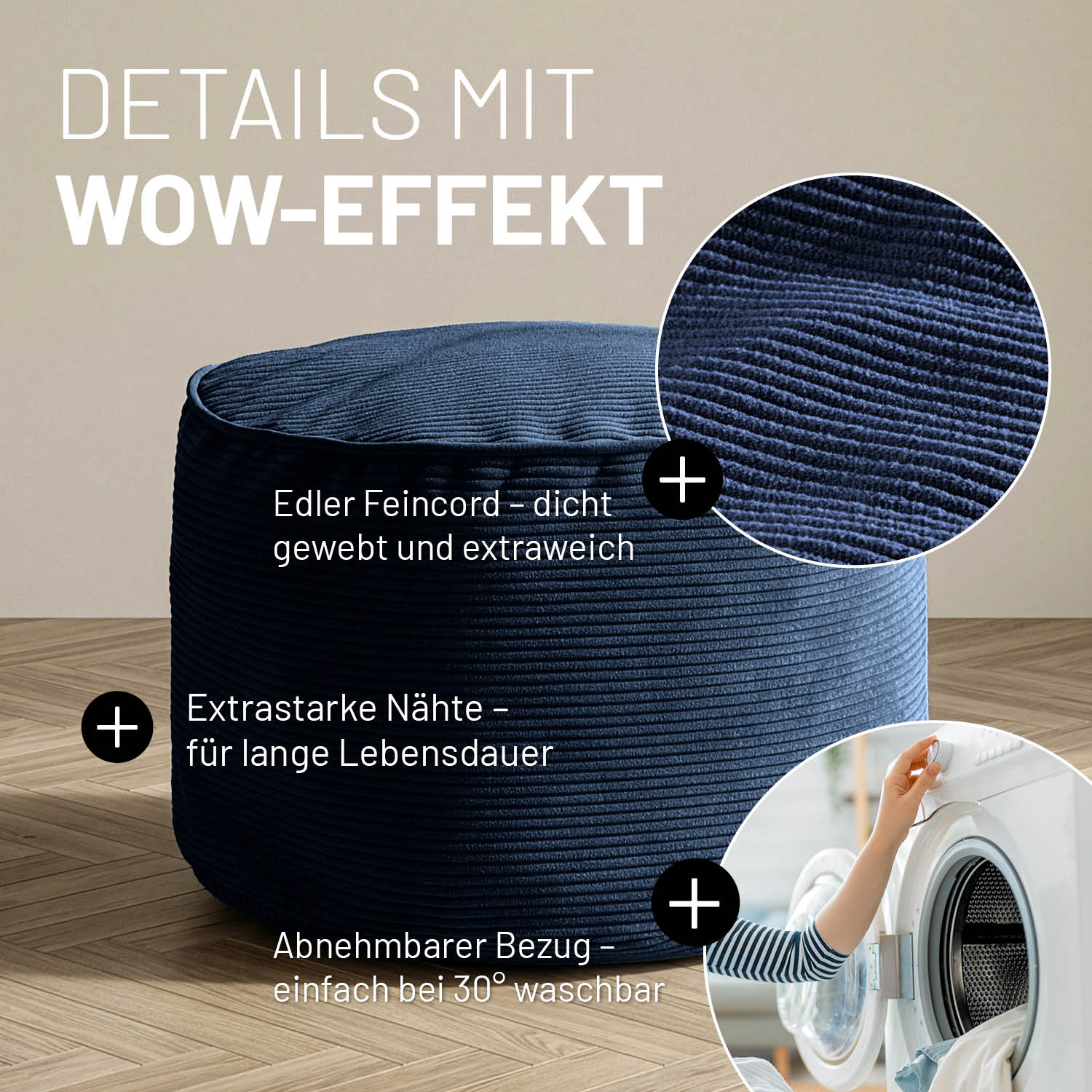 Comfort Line Pouf Feincord - 25 x 40 cm - 50 l - Dunkelblau