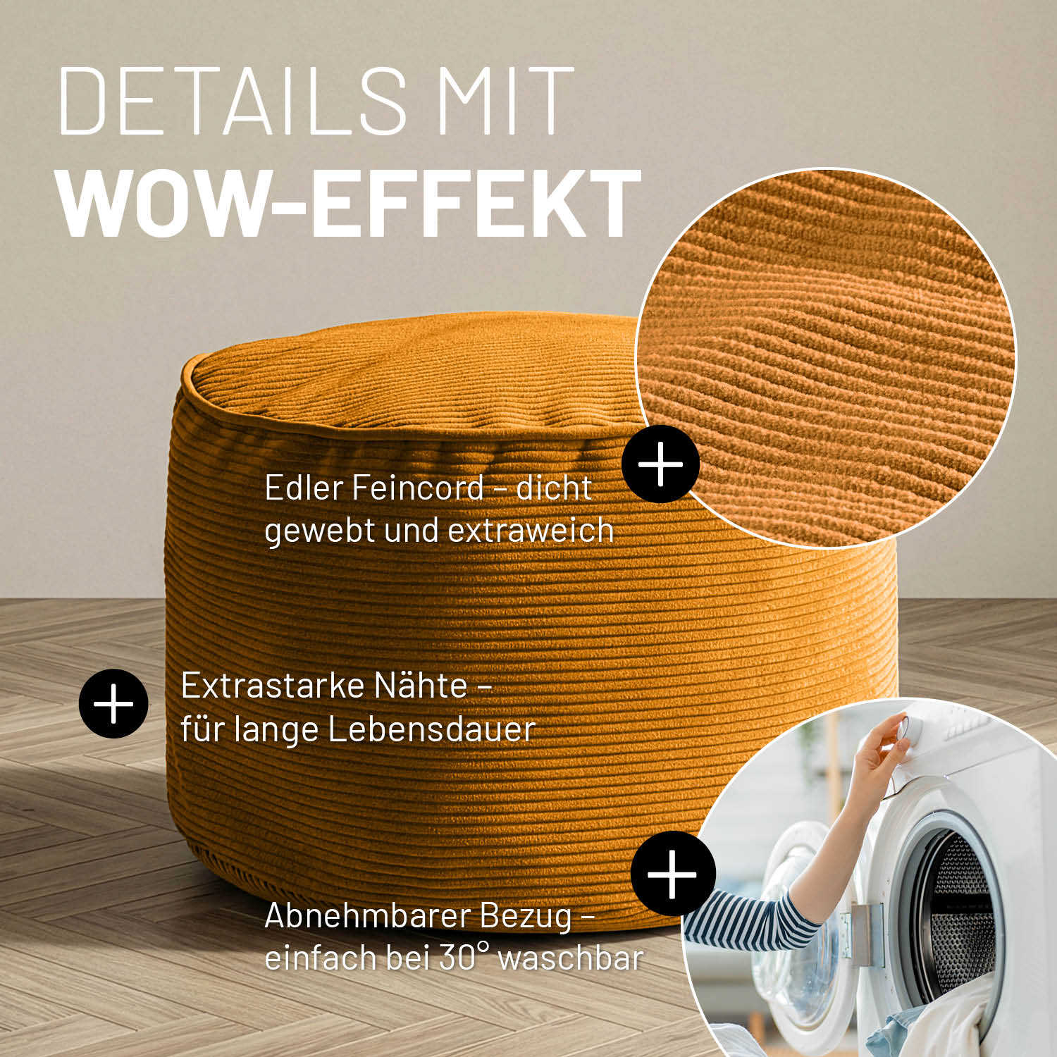Comfort Line Pouf Feincord - 25 x 40 cm - 50 l - Senfgelb