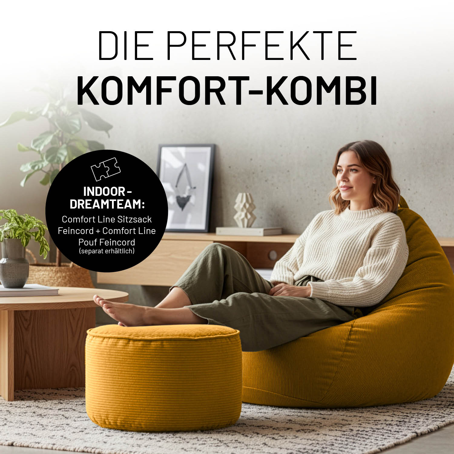 Comfort Line Pouf Feincord - 25 x 40 cm - 50 l - Senfgelb