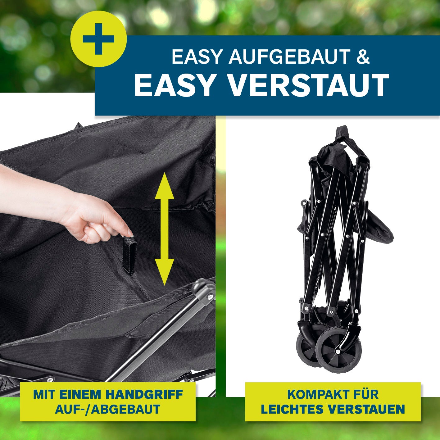 Klapp-Bollerwagen mit Bremsen - max. 80 kg, gezeigt als drittes Bild, faltbar und kompakt verstaut, schwarz, 1417x1417px quadratisch.