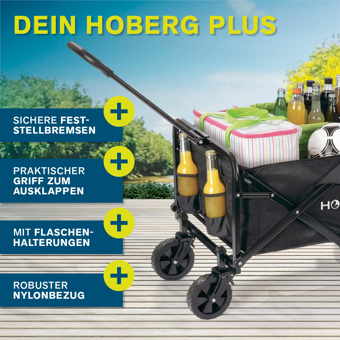 Klapp-Bollerwagen mit Bremsen - max. 80 kg, Bild 5, zeigt robusten Nylonbezug und integrierte Flaschenhalterungen in quadratischem Format.