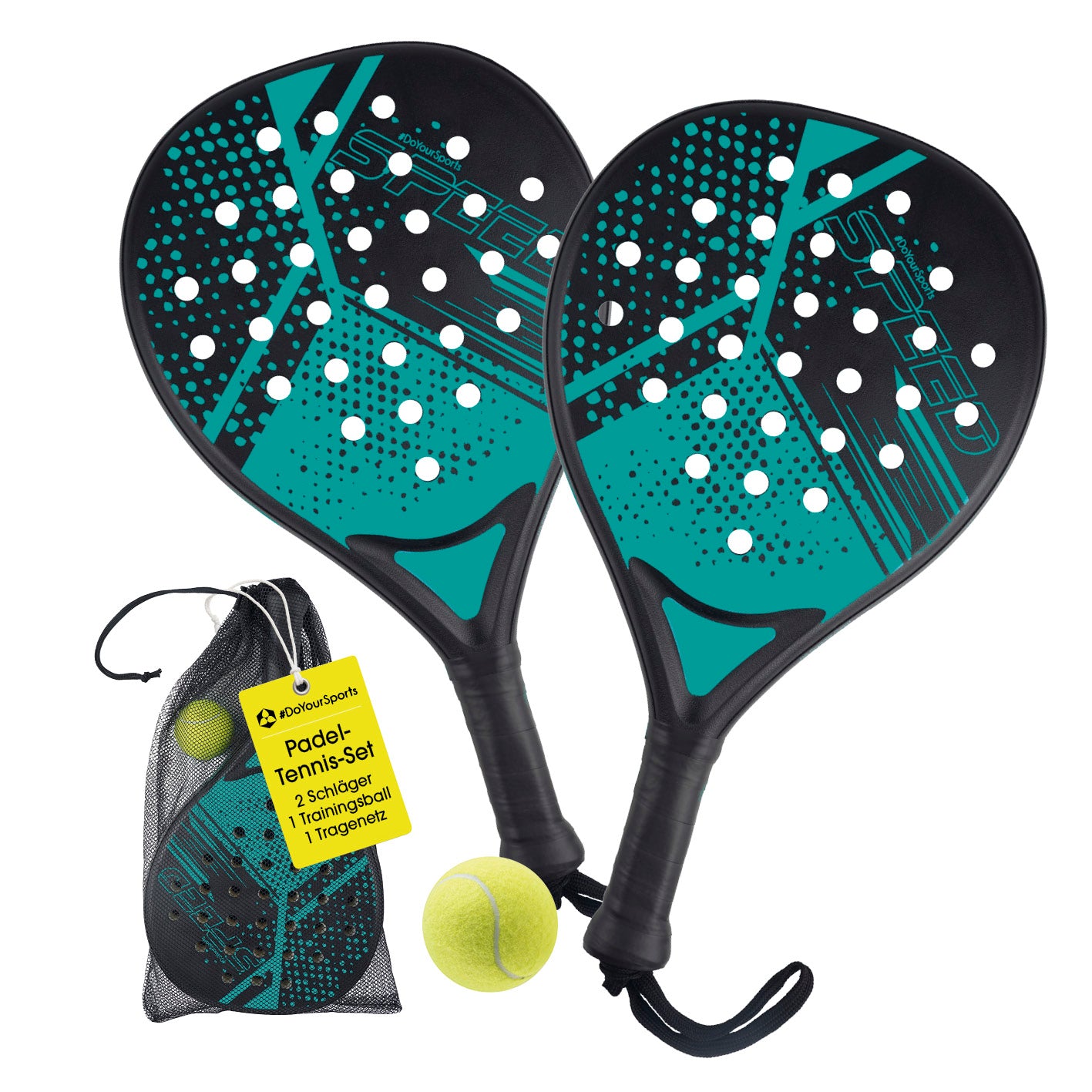 Padel-Tennis Starter-Set mit zwei schwarzen Schlägern, Trainingsball und Tragetasche quadratisch 1417x1417 Galerieposition 1