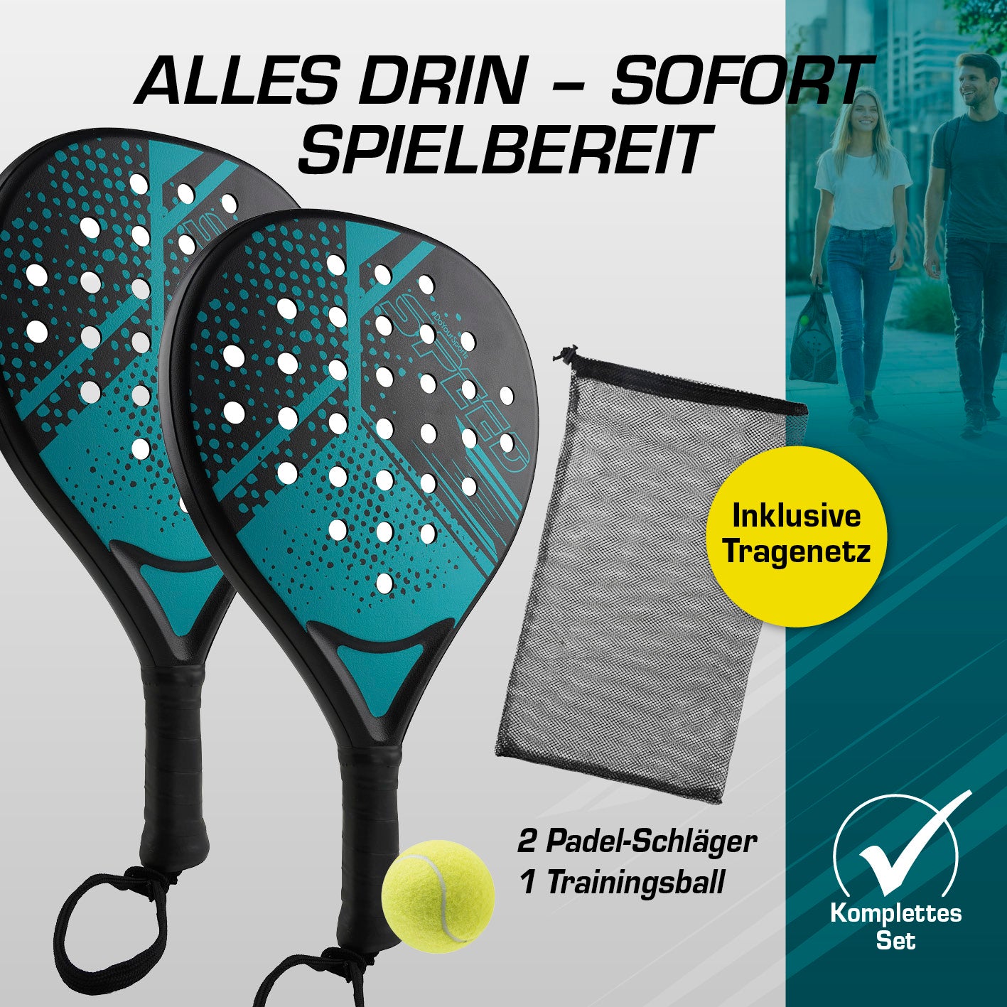 Padel-Tennis Starter-Set Galerie 3 mit zwei Schlägern, Trainingsball und Tragenetz in quadratischem Format 1417x1417 px