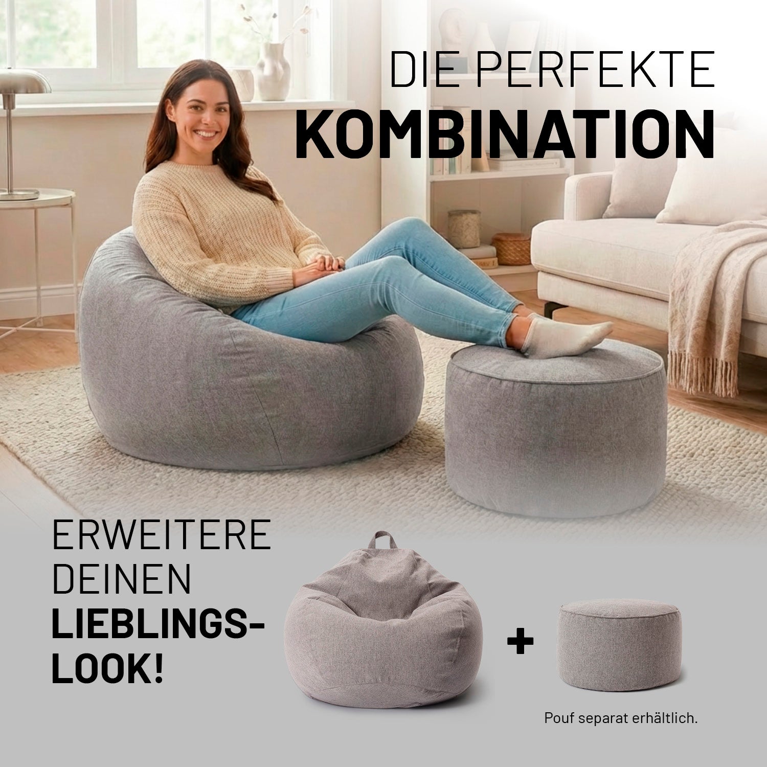 Frau sitzt entspannt auf Comfort Line Sitzsack M (120 L) - indoor - Hellgrau in modernem, hellem Wohnzimmer mit passendem Pouf.