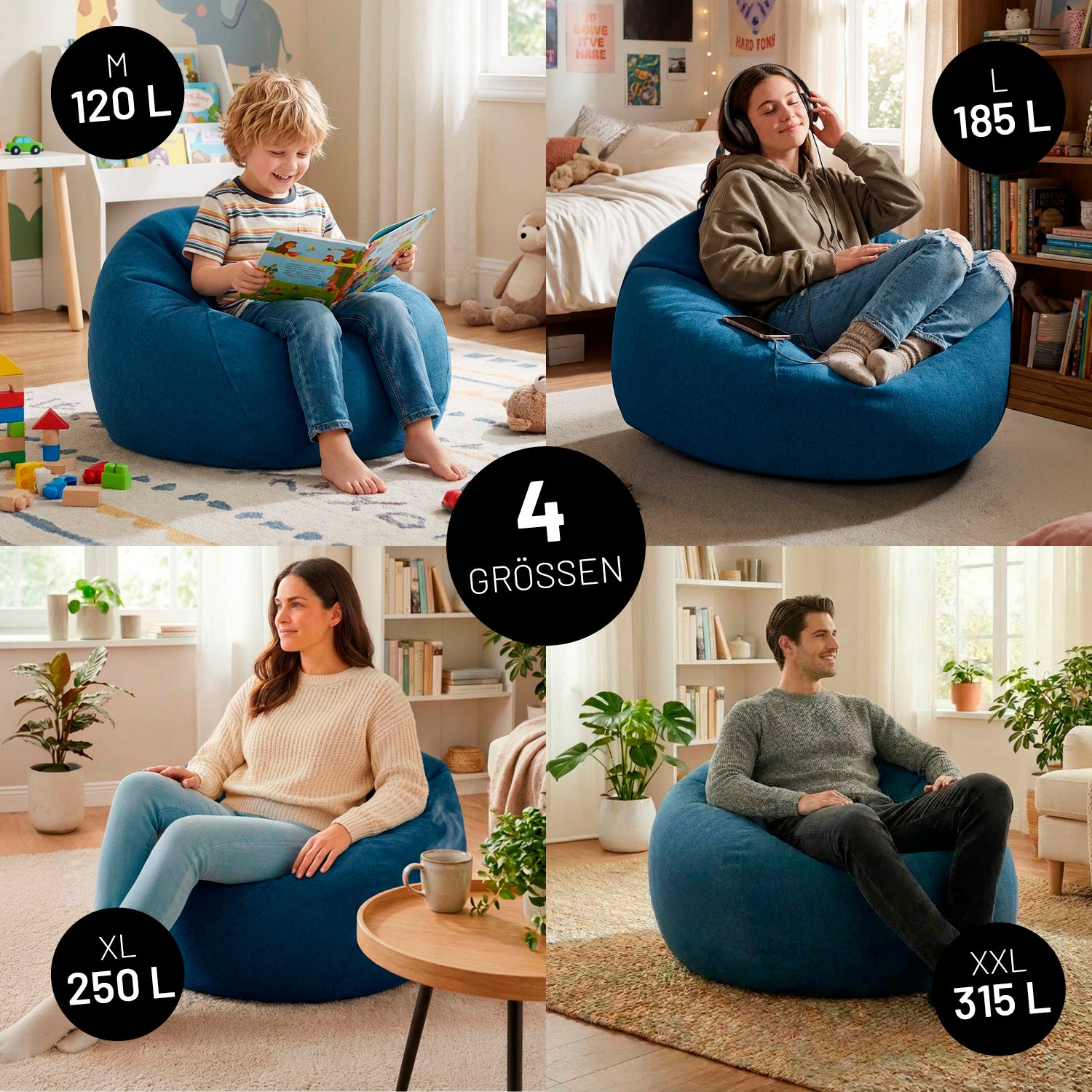 Comfort Line Sitzsack M (120 L) - indoor - Dunkelblau in modernem Wohnzimmer mit Kindern und Erwachsenen in verschiedenen Größen.