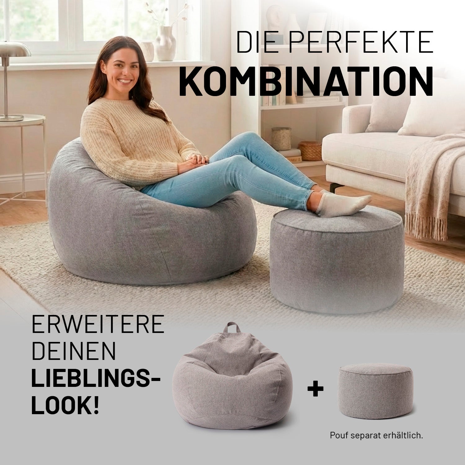 Comfort Line Sitzsack M (185 L) - indoor - Hellgrau mit softer Haptik im modernen Wohnraum sitzend mit Pouf.