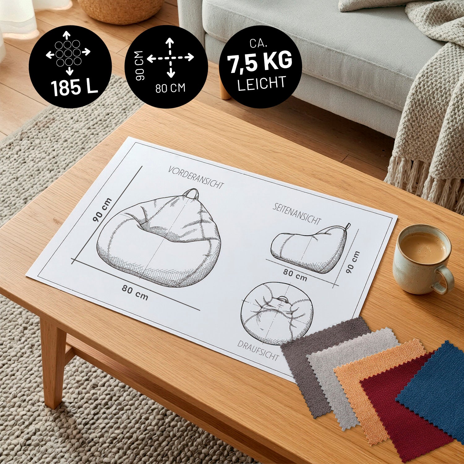 Comfort Line Sitzsack L (185 L) - indoor - Dunkelblau technische Skizze mit Maßen und Stoffmustern auf Holztisch neben Sofa