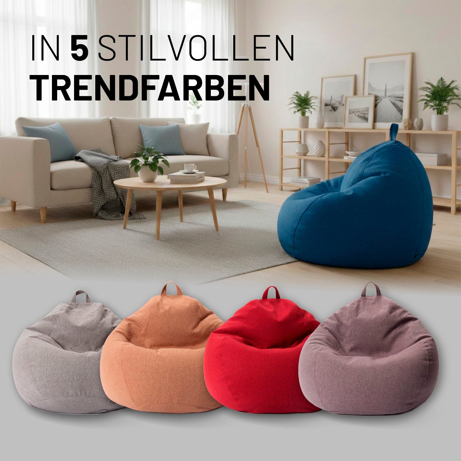 Comfort Line Sitzsack L (185 L) - indoor - Dunkelblau in modernem Wohnzimmer mit weiteren Sitzsäcken in Trendfarben.