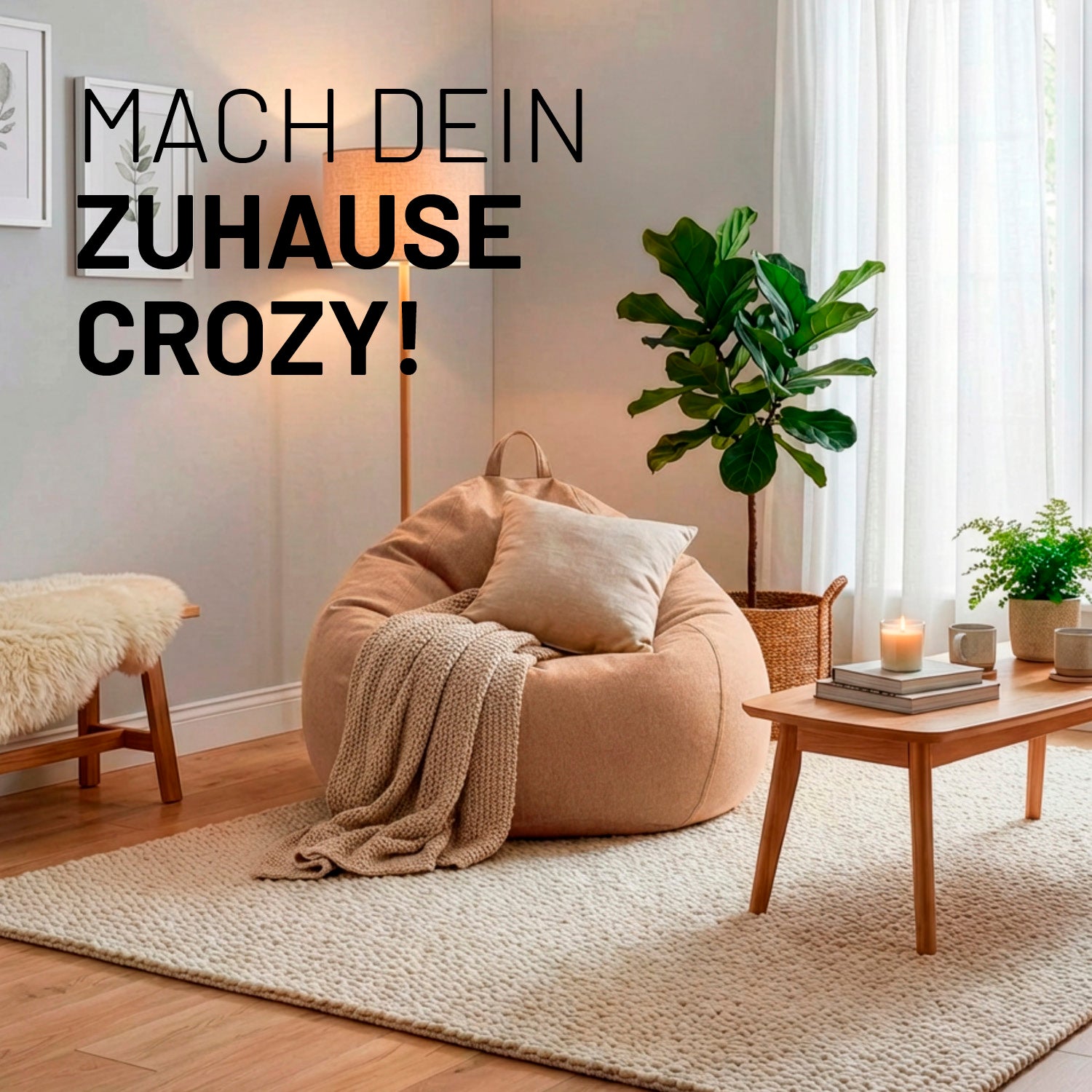 Gemütliche Sitzecke mit Comfort Line Sitzsack (185 L) - indoor - Braun und dekorativer Decke im modernen Wohnzimmer.