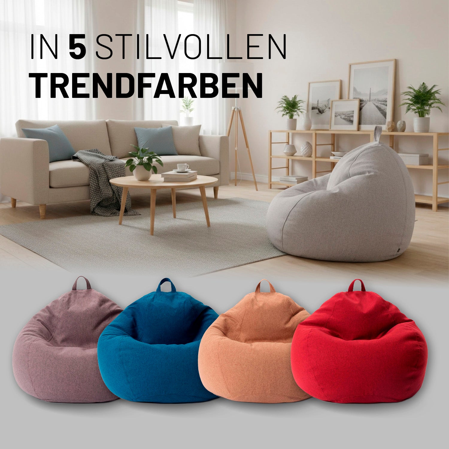 Comfort Line Sitzsack XL (250 L ) - indoor - Hellgrau in modernem Wohnzimmer mit Sofas und trendigen Sitzsäcken in fünf Farben.