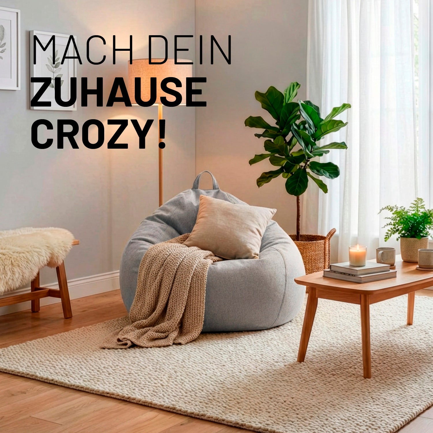 Comfort Line Sitzsack XL (250 L ) - indoor - Hellgrau in modernem Wohnzimmer mit Decke und Kissen gemütlich dekoriert