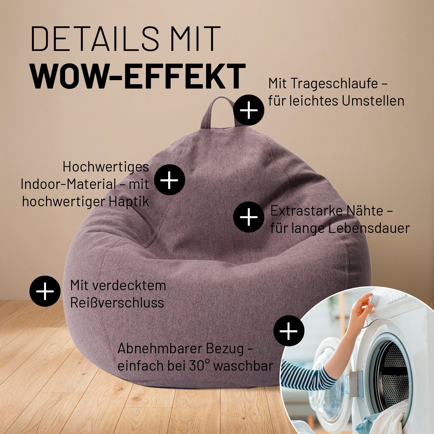 Comfort Line Sitzsack XL (250 L) - indoor - Dunkelgrau aus hochwertigem Material mit Trageschlaufe und abnehmbarem, waschbarem Bezug.