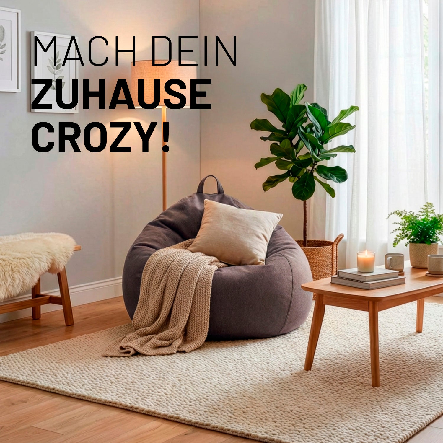 Comfort Line Sitzsack XL (250 L) - indoor - Dunkelgrau in modernem Wohnzimmer mit Kissen und Decke gemütlich gestaltet