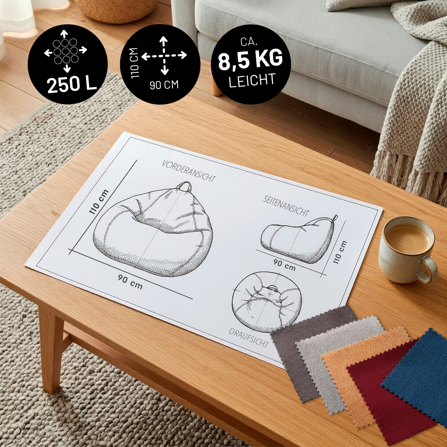 Comfort Line Sitzsack XL (250 L ) - indoor - Dunkelblau technische Zeichnung mit Maßen und Stoffmustern auf Holztisch.