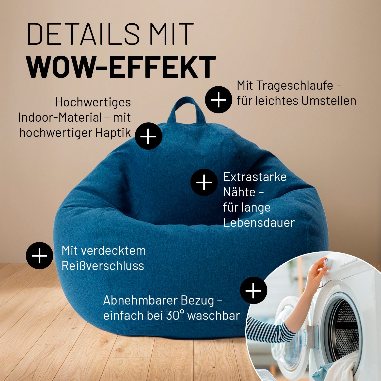 Comfort Line Sitzsack XL (250 L ) - indoor - Dunkelblau mit hochwertigem Material, Trageschlaufe, verstecktem Reißverschluss und waschbarem Bezug.