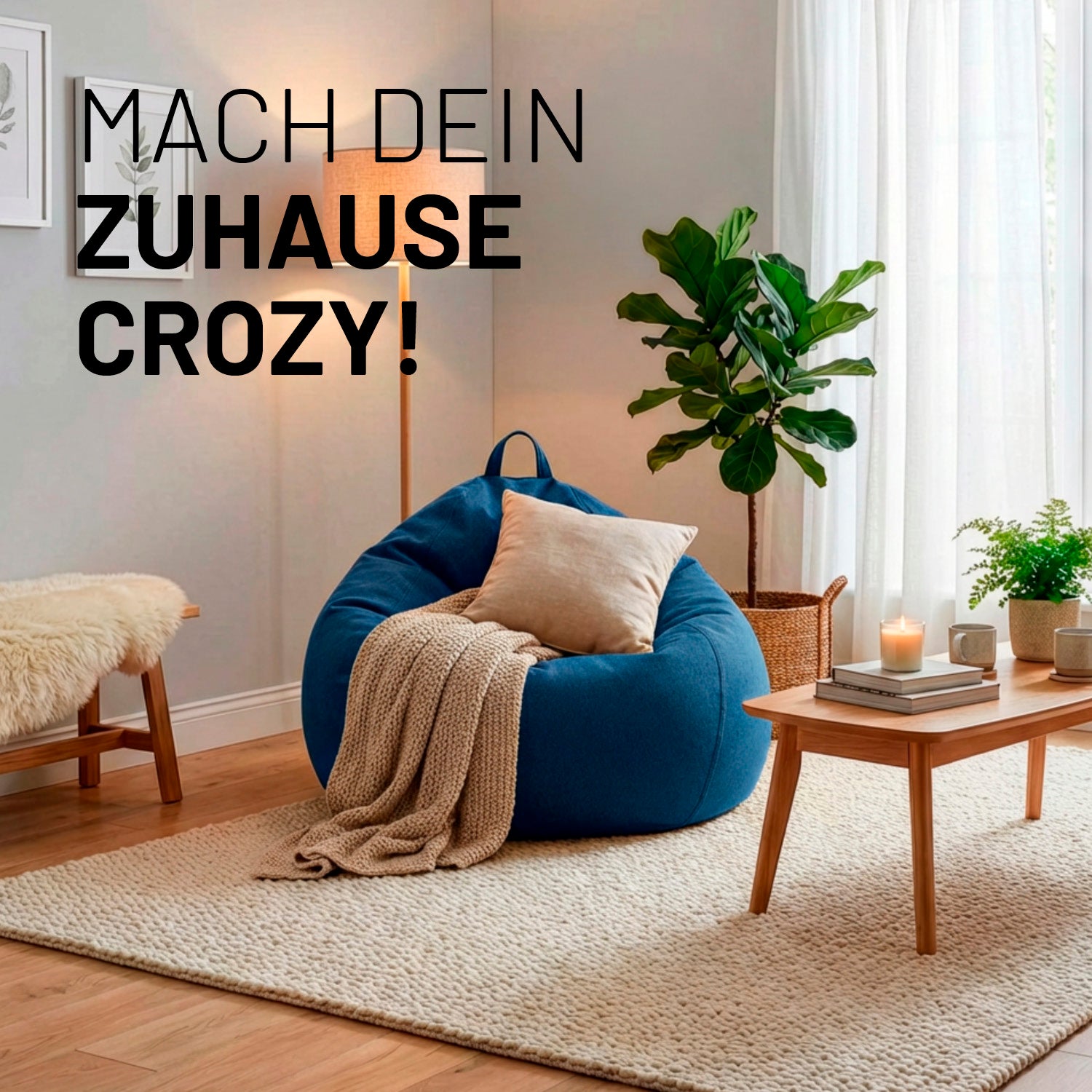 Comfort Line Sitzsack XL (250 L ) - indoor - Dunkelblau in modernem Wohnraum mit Kissen und Decke gemütlich inszeniert.