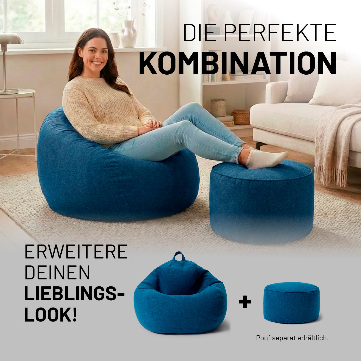Frau entspannt auf Comfort Line Sitzsack XL (250 L ) - indoor - Dunkelblau mit passendem Pouf im modernen Wohnzimmer.