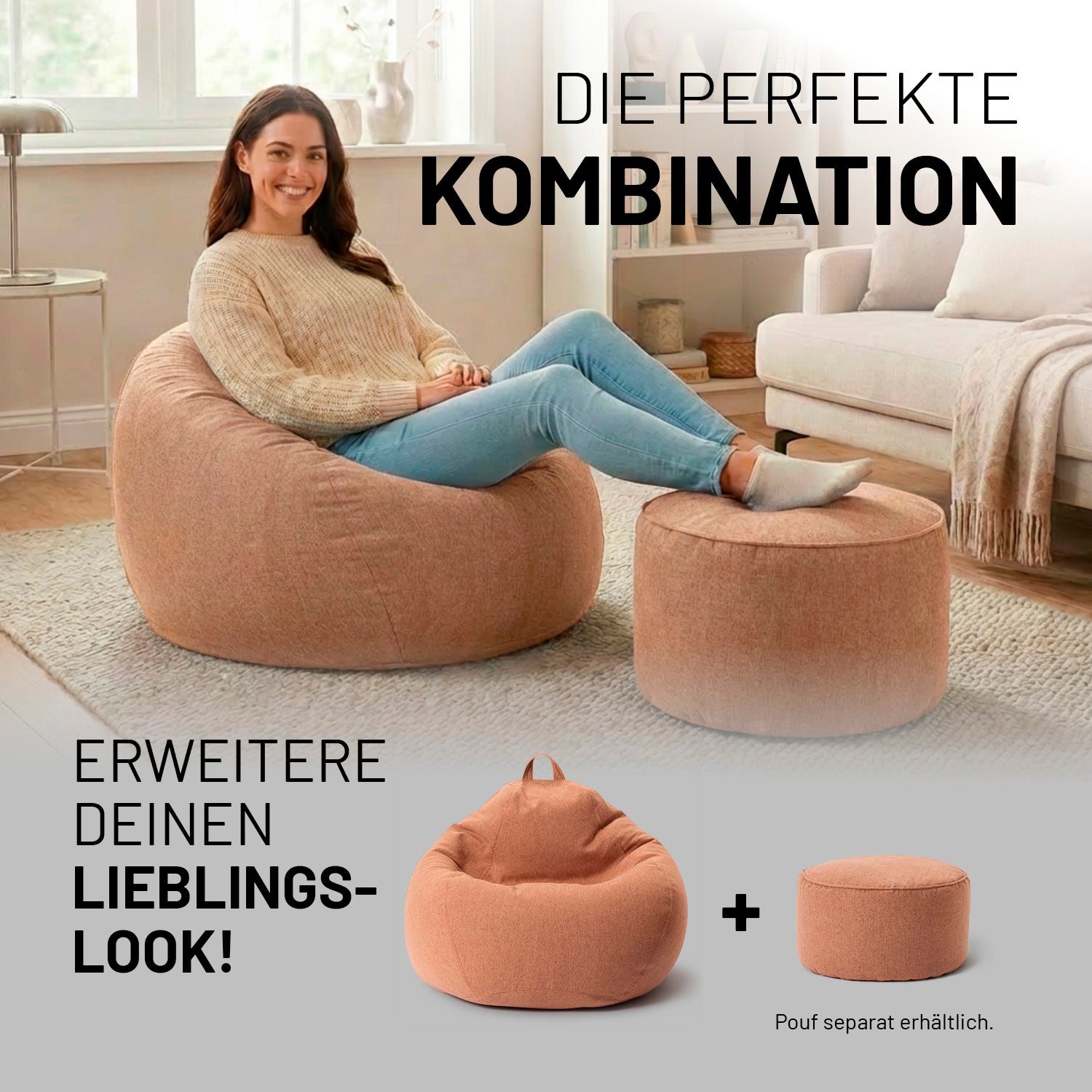 Frau entspannt auf dem Comfort Line Sitzsack XL (250 L) - indoor - Braun in modernem Wohnzimmer mit passendem Pouf.