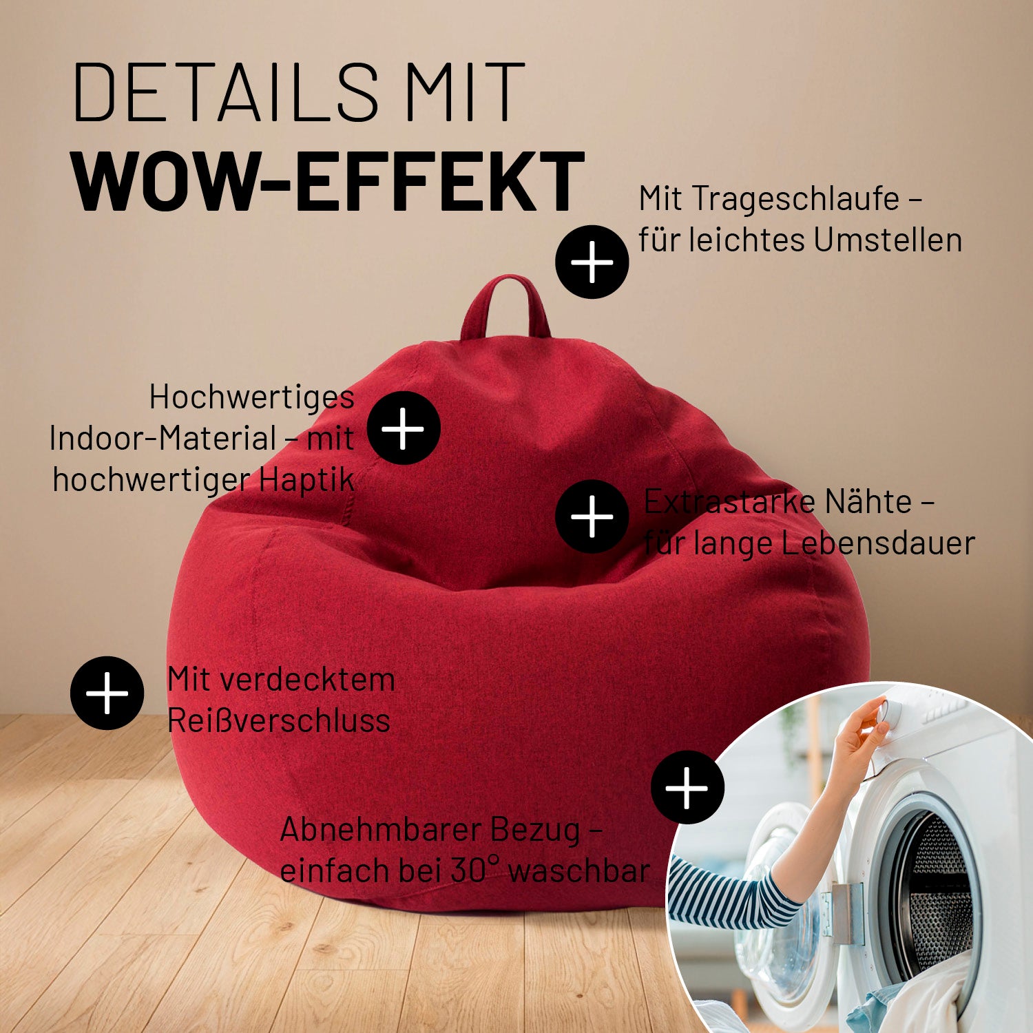 Comfort Line Sitzsack XL - 250 L - Rot aus hochwertigem Indoor-Material mit Trageschlaufe, abnehmbarem Bezug und verdecktem Reißverschluss.
