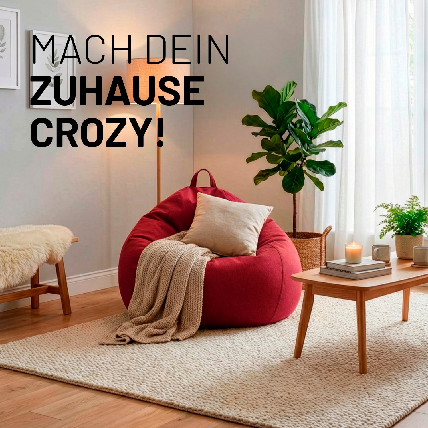 Comfort Line Sitzsack XL - 250 L - Rot in modernem Wohnzimmer mit Kissen, Decke, Pflanze und natürlichem Licht.